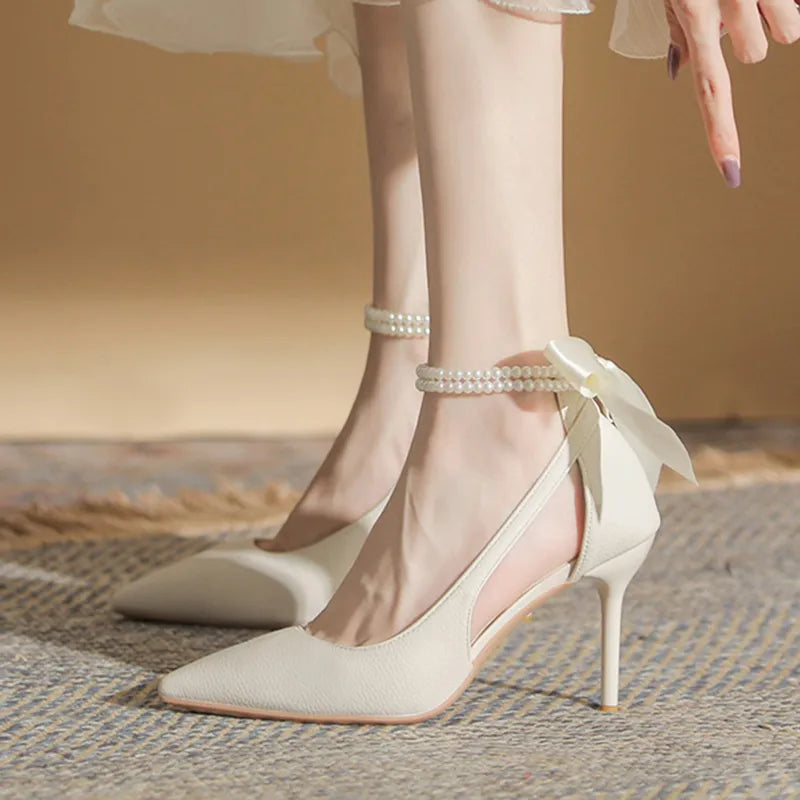 White pearls ankle strap stiletto pumps women silk back bowtie high heeled spring wedding shoes – Pollyanna Events
