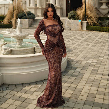 Burgundy Exquisite Evening Dresses Lace Sequins Beading Long Sleeves Prom Dress Luxury Party Gown Gala Customized