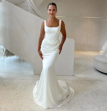 Elegant Mermaid Wedding Dress 2026 Scoop Neck Wide Straps Pleated Satin Sweep Train Bridal Gown Customizable Vestido De Noiva