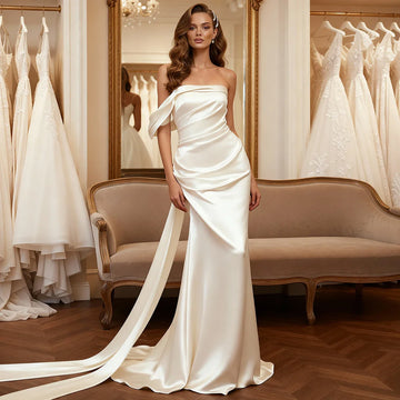 Romantic One Shoulder Mermaid Satin Wedding Dresses For Bride Sheath Pleated Long Bridal Party Gown With Train Vestidos Novia