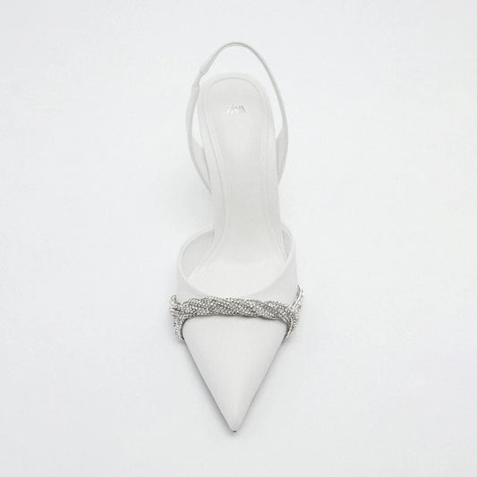 Mujeres tacones altos bombos zapatos de tacón de tacón blanco brillante mulas puntiagudas de aguja de aguja