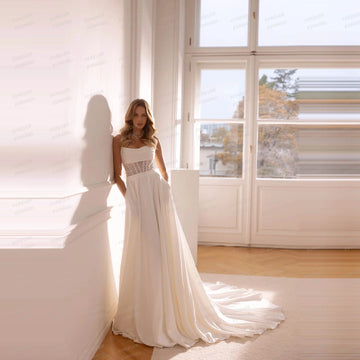 Luxury Wedding Dresses A Line Woman's Boat Neck Sequined Backless Soft Bride Gowns Vestidos De Novia Customized Robe De Mariée