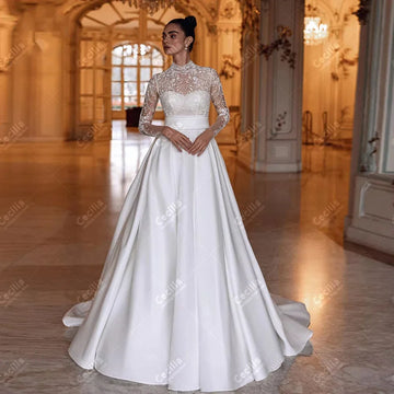 Elegant Wedding Dresses A Line Satin Bridal Gowns Lace Appliques Full Sleeves Charming Pretty Customized Vestidos De Novia 2026