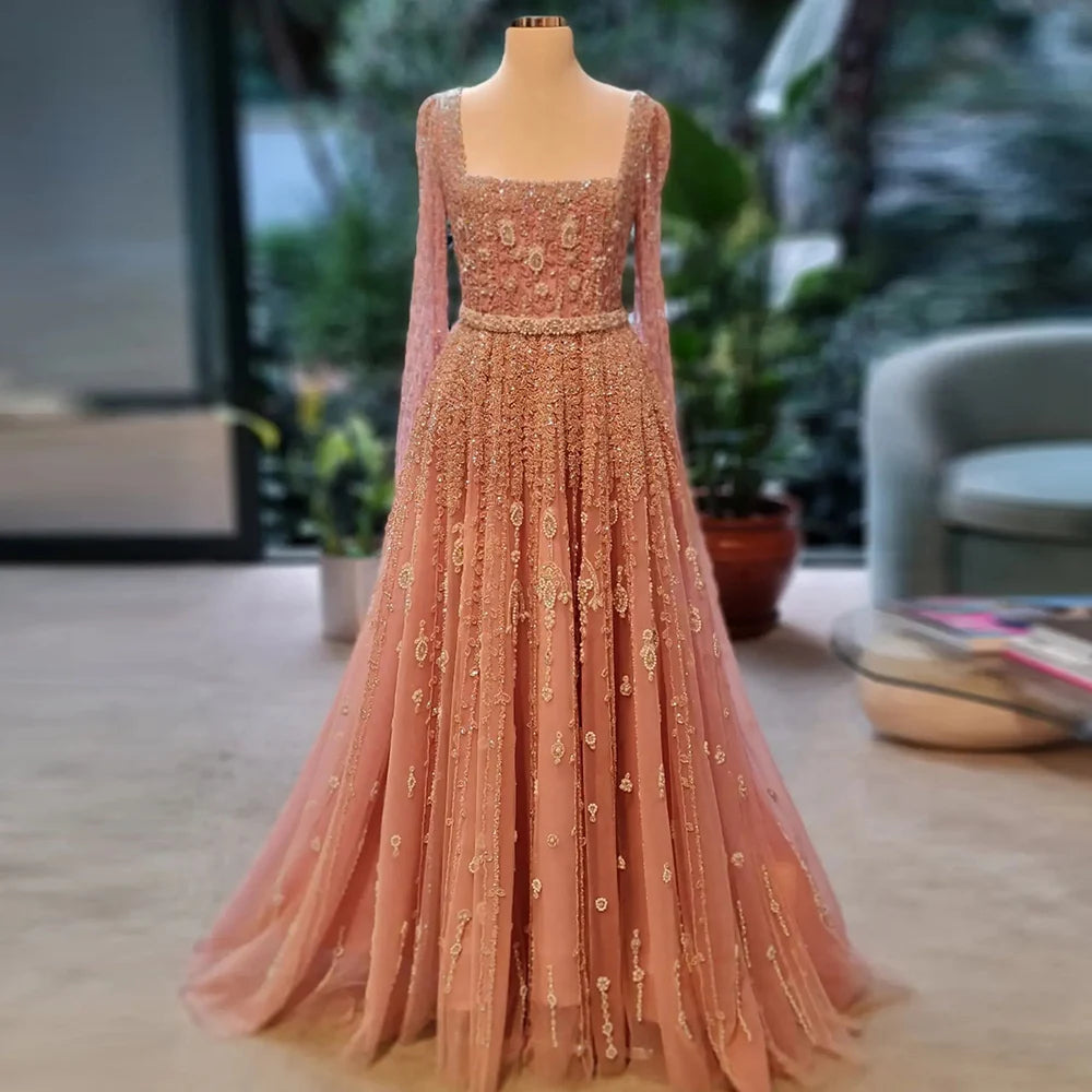 Luxe roze Dubai avondjurken vrouwen bruiloft vierkant nek pet mouwen salie arabische moslim formele feestjurken ss494