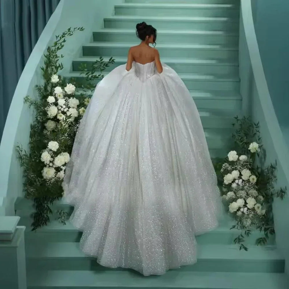 Customized Glitter Tulle Wedding Dresses Strapless Princess Sequins Pearls Bridal Gown Backless Sparkly Vestidos De Novia