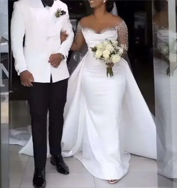 Customized African Wedding Dress Detachable Train Sheer Neck Long Sleeves Handwork Beads Satin Bride Gowns vestidos de novia