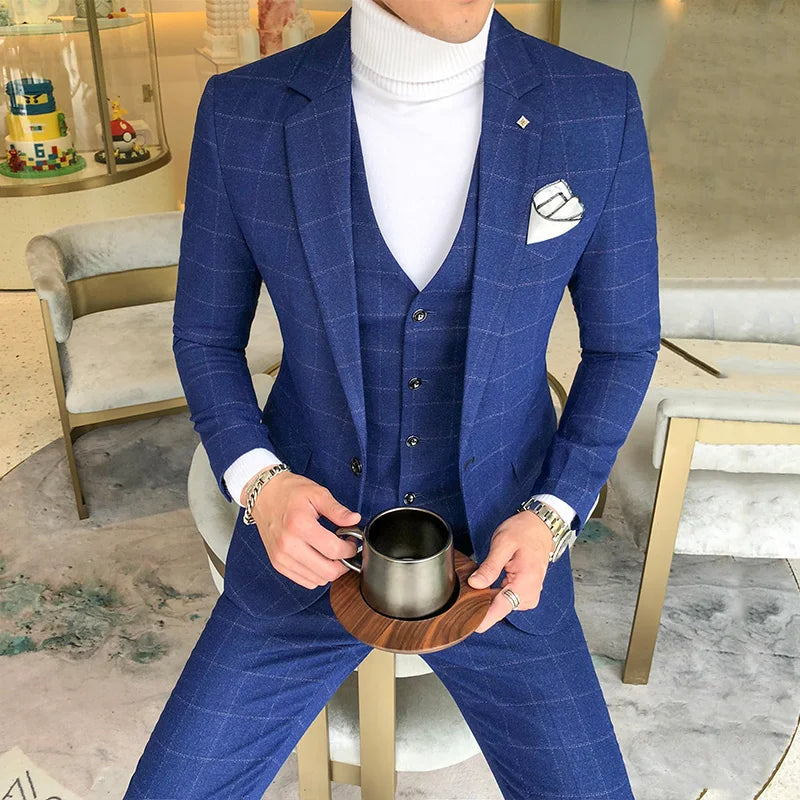 Luxury Men Dress Suits British 3Piece Set Men Wedding Suit New Fall Mens Business Formal Plaid Suit Men Slim Fit Dress Suit