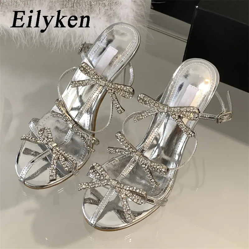 Sexy Summer Crystal Butterfly-knot Pointed Toe Women Pumps Fashion Buckle Strap High Heels Party Prom Sandals Mule Shoes