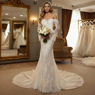 Luxury Lace Beaded Sweetheart Wedding Dress With Train Long Sleeve Sheath Pearl Bridal Party Gown For Women vestido de novia