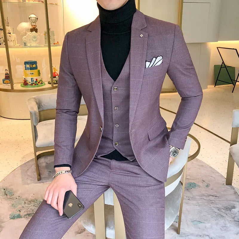 Luxury Men Dress Suits British 3Piece Set Men Wedding Suit New 2020 Fall Mens Business Formal Plaid Suit Men Slim Fit Dress Suit