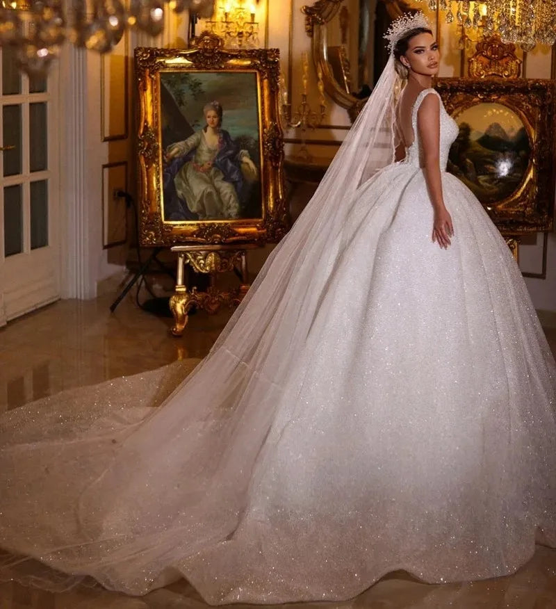 Gorgeous church square neck straps beading pearls sequins backless Dubai bridal gown wedding dress 2026 – Pollyanna Events