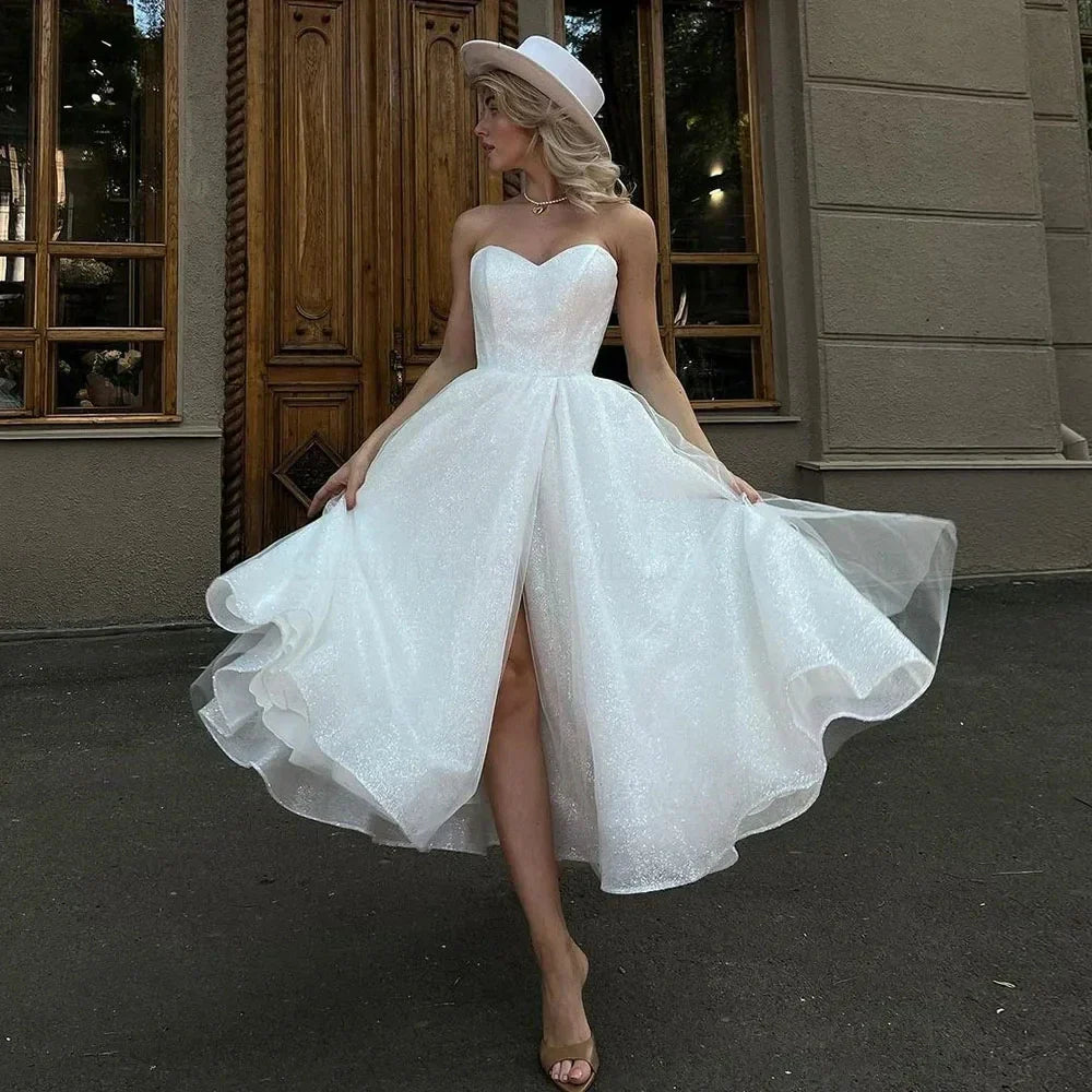 Glitter sequins tea-length tulle strapless slit bridal party dress wedding gown – Pollyanna Events