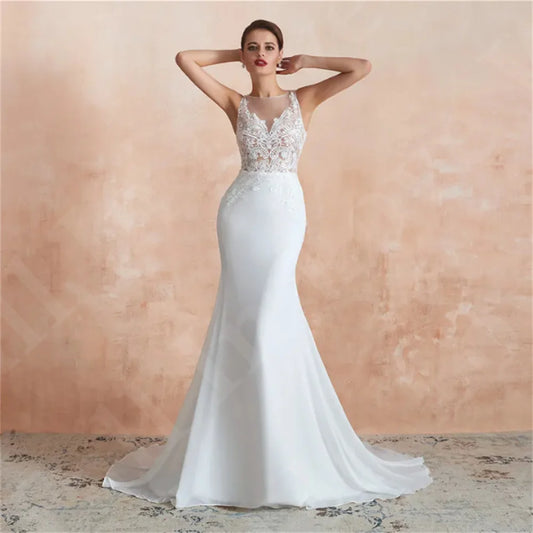 Witte zeemeermin Chiffon Wedding Jurk Vrouwen Mouwloze illusie Back Lace Appliques 3D Floral Modern Country Style Bridal Dress