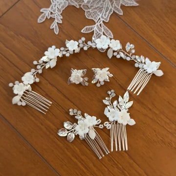 Porcelain Flower Hair Comb Pin Clip Leaf Head Piece For Brides Bridesmaids Crystal Hairpins Wedding Accessories Bridal Jewelry