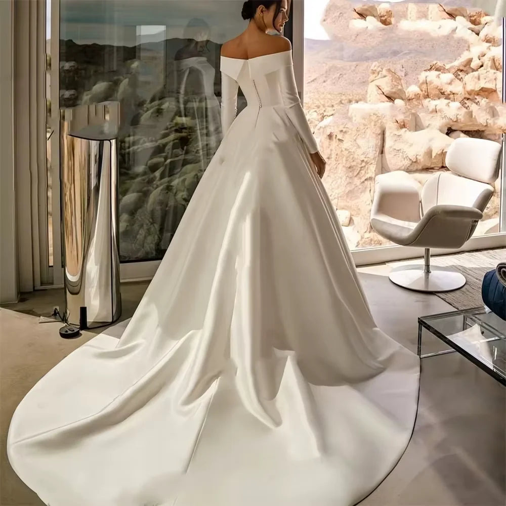 Customized   Satin Long Sleeves Wedding Dress Off Shouder A Line Bride Dress 2025 Sweep Train Bridal Gown vestido de novia
