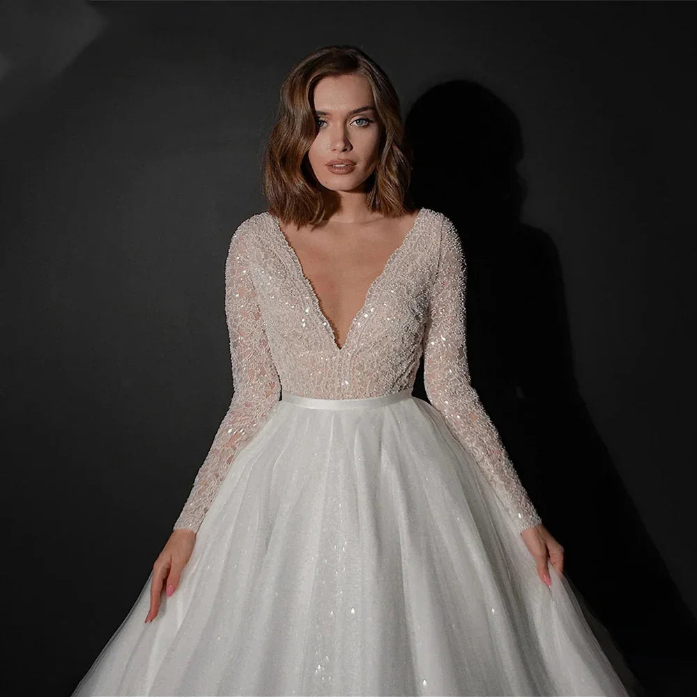 customized Sexy Deep V-neck Wedding Dress Romantic Long-sleeved Bride Gown Elegant Sequined A-Line Bride Gown Vestidos De Novia