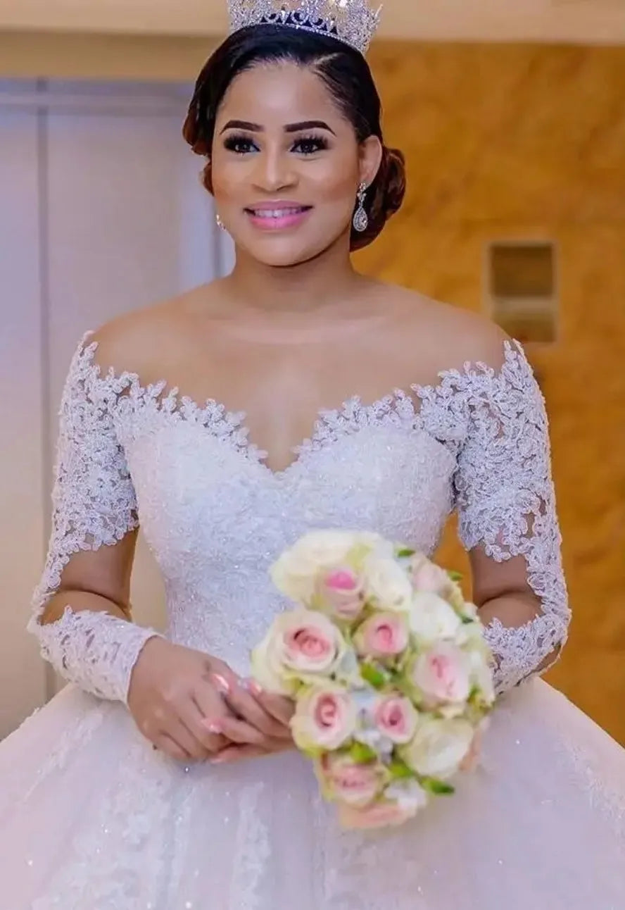 Elegant sheer neck lace appliques sweep train tulle bridal gown wedding dress – Pollyanna Events
