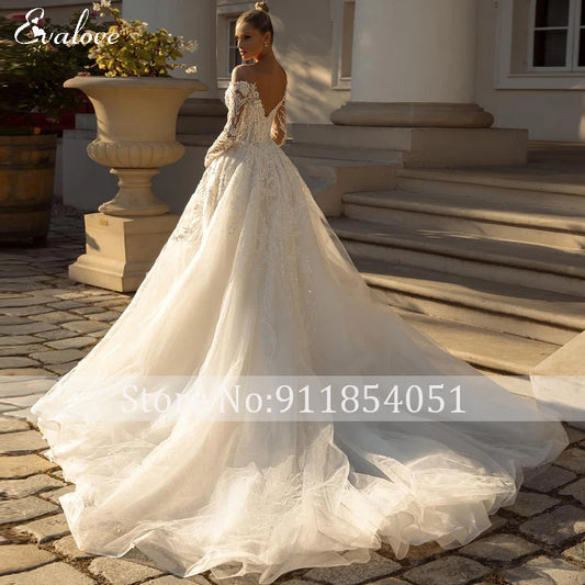 Vestido De Noiva Luxury Beading Appliques A-Line Wedding Dress 2024 Classic Scoop Neck Zipper Long Sleeve Princess Bridal Gown