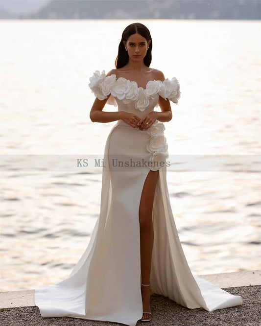 Sexy Vestidos de novia de Flores 3D 2024 Mermaid Bride Dress Train desmontable Vestidos de bodas Split Off Shoulder Hecho a medida