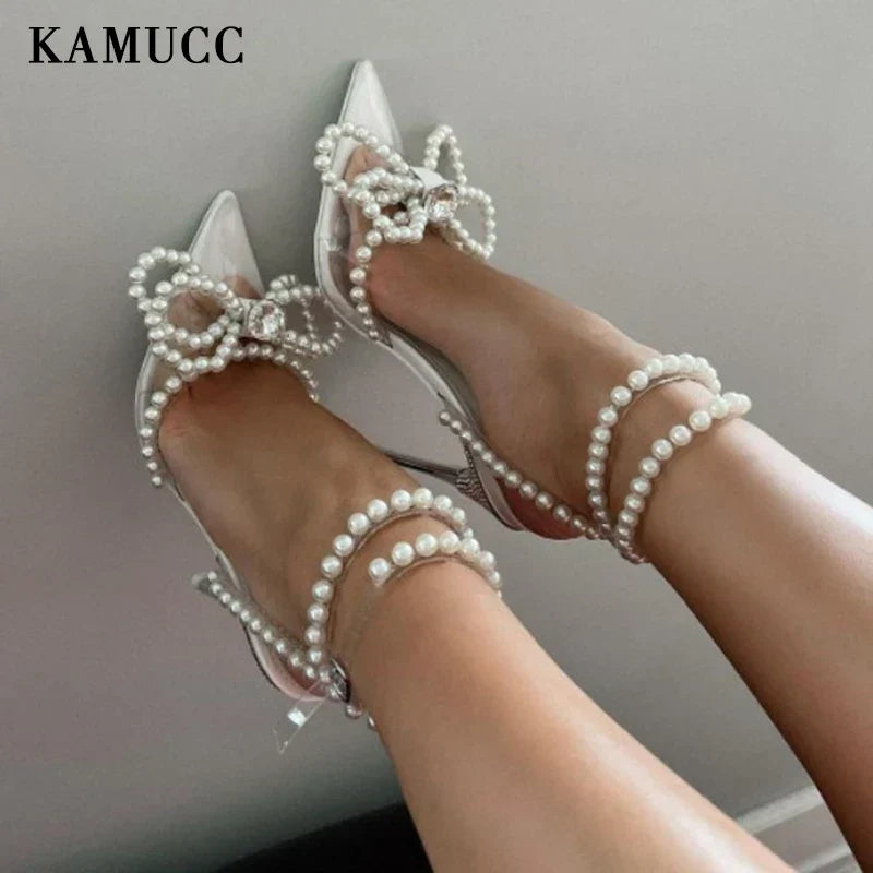 Pearl butterfly-knot sandals women pumps wedding shoes crystal diamond high heels party shoes – Pollyanna Events
