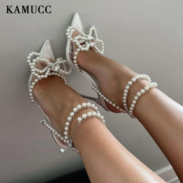 Pearl Butterfly-nudo Pombas para mujeres Sandalias de tacón alto Mujer zapatos de boda CRISTAL Diamante Diamante High Party Zapatos