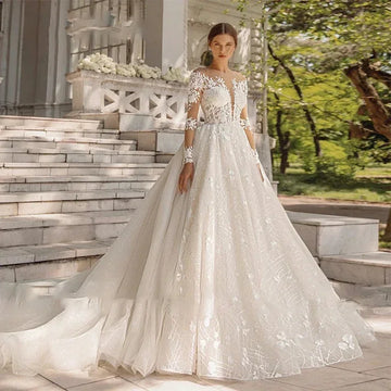 Customzied A-Line Wedding Dress Sparkling Tulle Lace Appliques For Bride Marriage Long sleeve Wedding Gown Vestidos De Novia