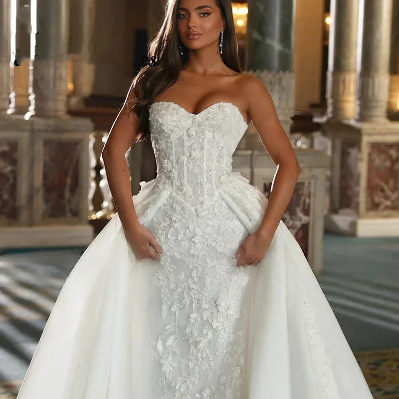 Customized Romantic Sweetheart Mermaid Wedding Dress Detachable Train Lace Appliques Trumpet Bridal Gown vestidos de novia