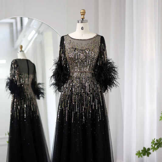 Luxury Feathers Black Dubai Evening Dresses for Women Elegant Fuchsia Arabic Half Sleeve Wedding Party Dress SS339