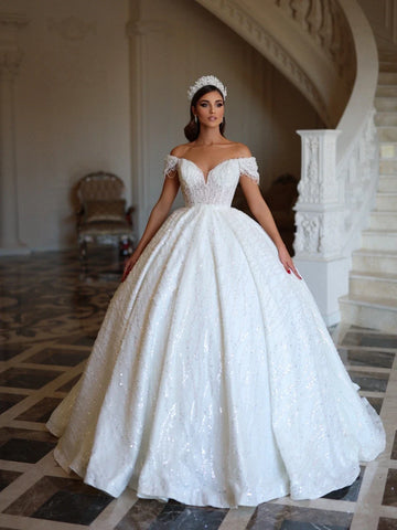 Customized Off The Shoulder Ball Gown Wedding Dress Sparkly Sequins Pearls Bride Dress Luxury Robe De Mariee Vestido De Novia