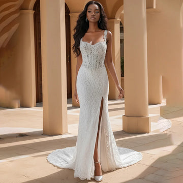 Romantic Appliques Lace Mermaid Wedding Dresses With High Slit Long Sheath Bridal Gown For Bride Vestidos novia