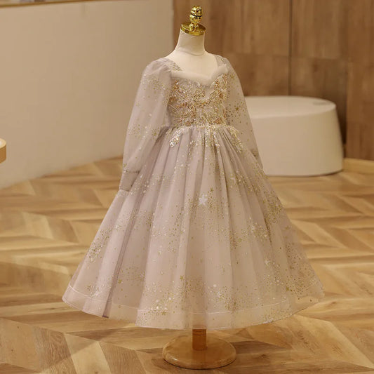 Vestido de Navidad de encaje de lentejuelas para niñas Manga larga niños princesa de princesa de vestidos de novia Vestidos de césped formal