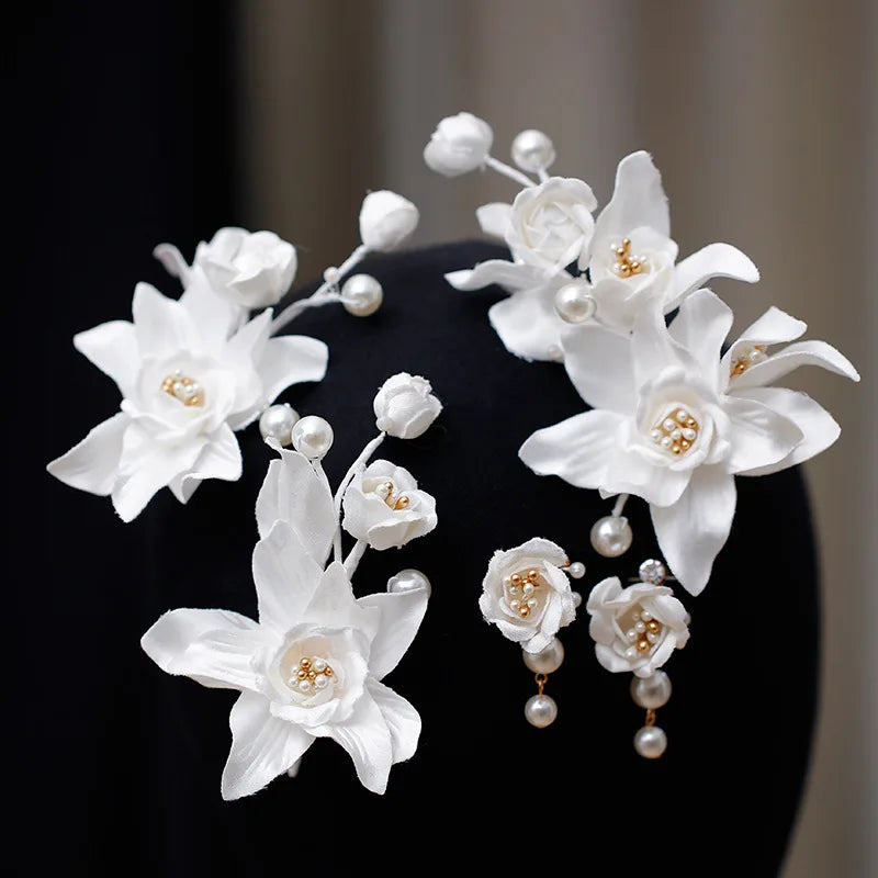 Pearl Head Piece White Flower Floral Hairpins For Brides Women Hair Pins Clips Earrings Set Wedding Accessories Bridal Jewelry