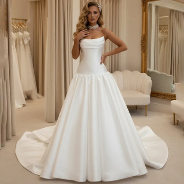 Elegant Puffy Satin Strapless Wedding Dress For Bride Long Backless Ball Gown A Line Bridal Party Gown With Train Vestidos Novia