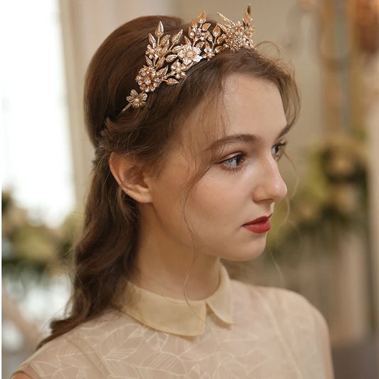 Gold Color Leaf Tiara Hair Hair Coroa Floral Banda de Chaeiro Praça Handmada Mulheres Partido Prom Hair Tiaras