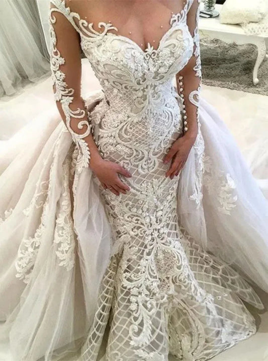 Sheer Long Sleeves Lace Mermaid Wedding Dresses Tulle Applique Beaded Sweep Train Arabic Wedding Bridal Gowns свадебное платье