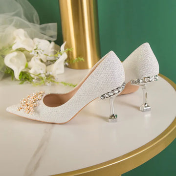 Spring Casual Wedding Bride Rhinestone Gold Fashion High Heels Metal Buckle Sexy Work Shoes 7cm Large Size Female Shoe High Heel