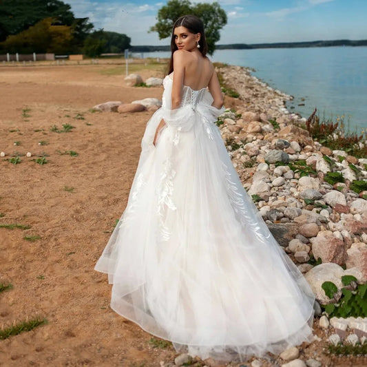 Elegant Pearls Beach Wedding Dresses 2024 Sweetheart Tulle Bridal Gowns Sexy Backless Vestidos De Novia Off The Shoulder A-Line