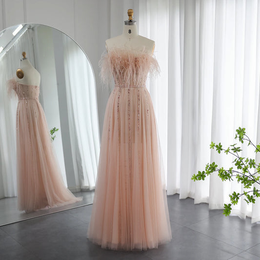 Розкішна рум'яна рожева пір’я Дубай Вечірня сукня для жінок Весільна вечірка Арабська довга елегантна офіційна випускна сукня SS401
