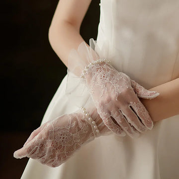 Lace Short Imitation Pearls Bridal Gloves Wristband Wedding Glove For Women Girl Party Evening Dress Jewelry Brides Accessories