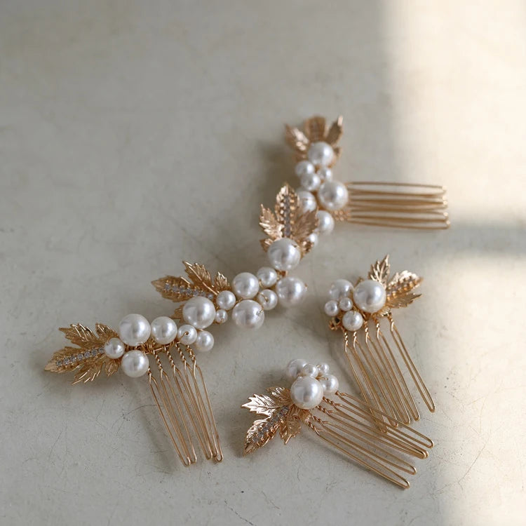 Pearl Crystal Hair Comb Pin Vintage Gold Color Head Piece For Brides Women Leaf Hairpins Wedding Accessories Bridal Jewelry