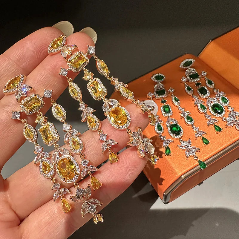 Yellow Green AAA Zircon Bridal Earrings CZ Cubic Zirconia Wedding Earring For Brides Accessories Women Gift Dinner Party Jewelry