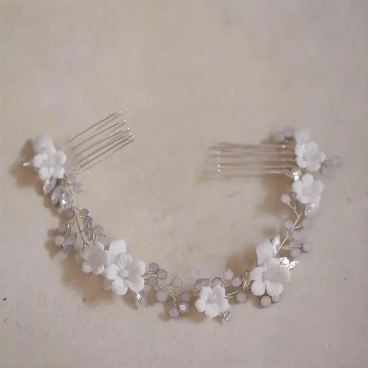 Porcelain Flower Hair Comb Pin Clip Leaf Head Piece For Brides Bridesmaids Crystal Hairpins Wedding Accessories Bridal Jewelry