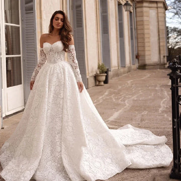 Customized Romantic Sweetheart Long Sleeve A-Line Lace Wedding Dresses 2025 Sweep Train Princess Bridal Gown Vestido De Noiva