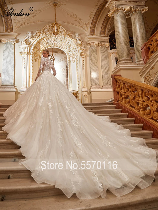 Розкішні кришталеві високі комірки з повними рукавами з кульові сукні весільні сукні з бісером перлин мереживо королівські поїзди весільні сукні