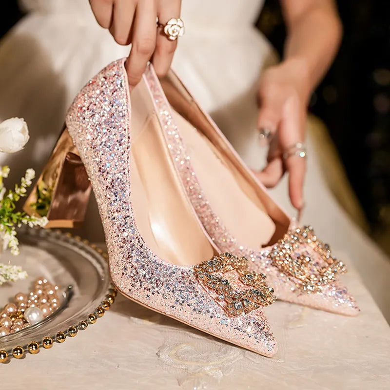 Pink sequins rhinestone pointed toe stiletto women slip on bride bridesmaid wedding party high heels shoes – Pollyanna Events