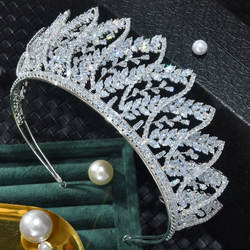 Zircon Tiaras and Crowns Zirconia Leaf Headpiece For Brides Women Pageant Prom Headband Wedding Accessories Bridal Hair Jewelry