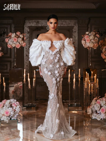 Off the Shoulder Mermaid Weeding Dress Illusion Pearls Sequins Bride Robe Luxury 3D Flowers Bridal Dresses Vestidos De Novia