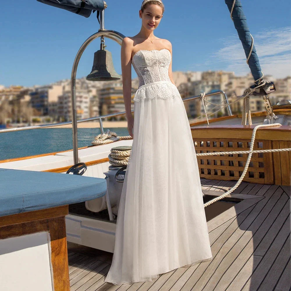 New strapless top lace sleeveless tulle floor length A-line bridal gown wedding dress 2026 – Pollyanna Events