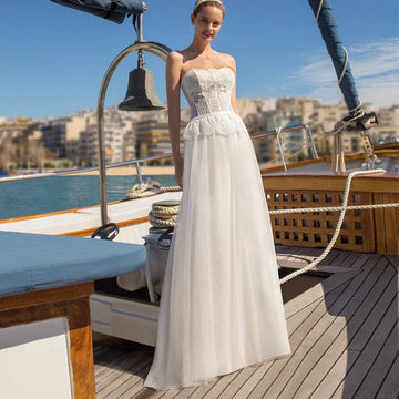 New strapless top lace sleeveless tulle floor length A-line bridal gown wedding dress 2026 – Pollyanna Events