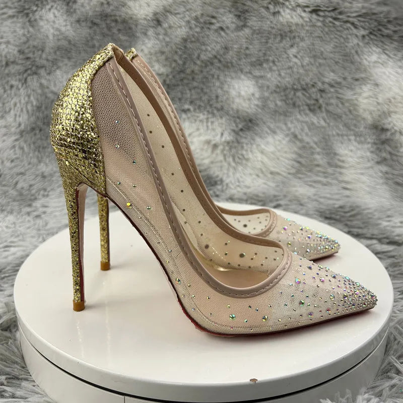 12cm sequin gold designer high heels silver rhinestone pointed toe pumps diamond mesh shoes – Pollyanna Events